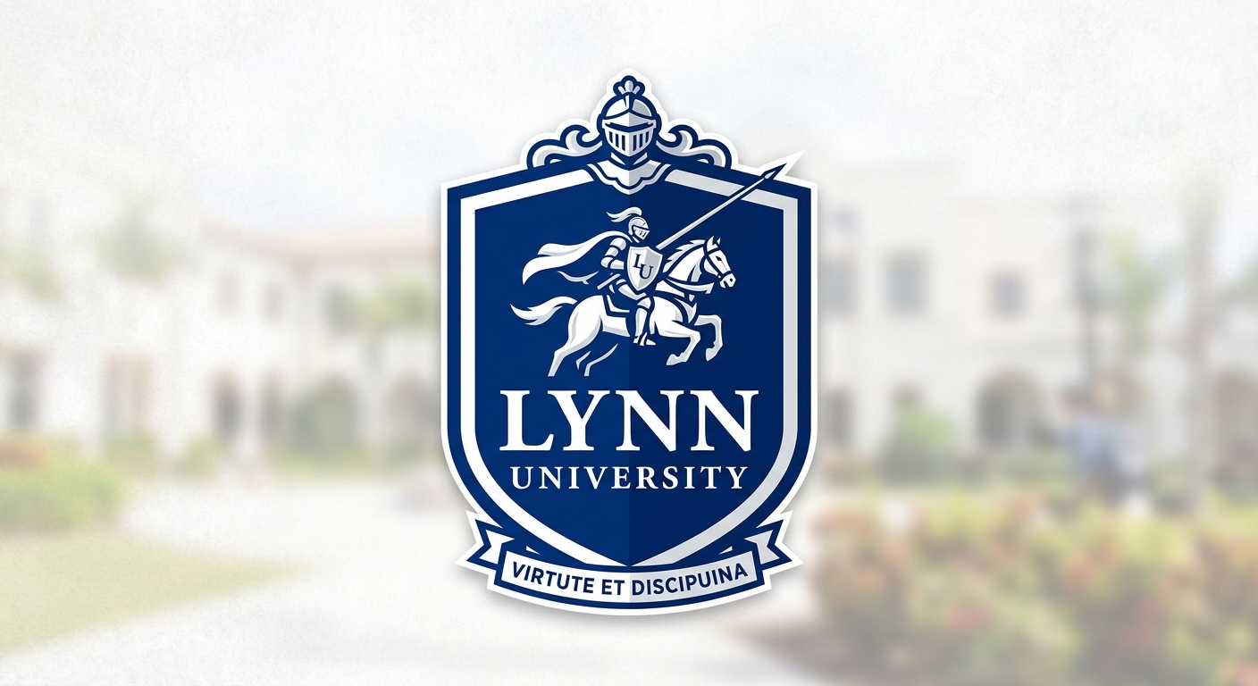 Lynn University official logo, blue and white shield emblem with knight motif and university name text