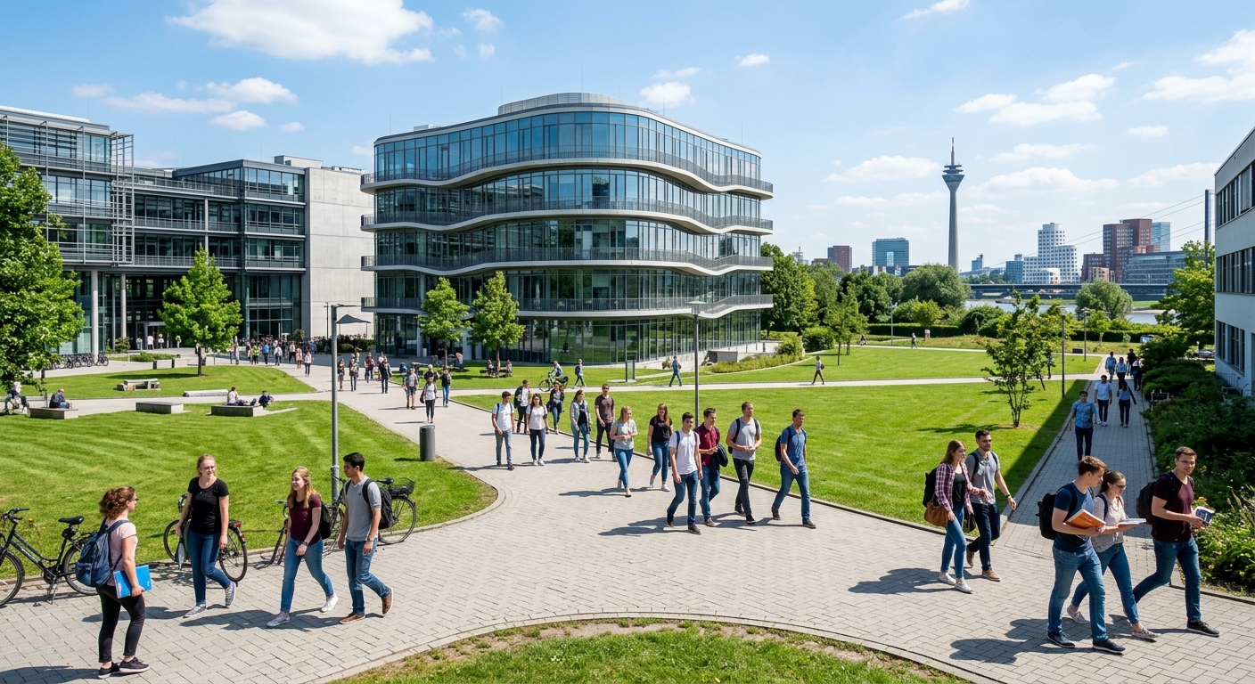 Modern university campus at Heinrich Heine University Düsseldorf with contemporary architecture, green lawns, students walking between faculty buildings, Düsseldorf skyline in background, bright daylight