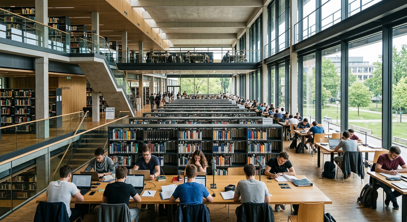 KIT Library interior with modern architecture, open study spaces, natural lighting, rows of bookshelves and students studying at desks
