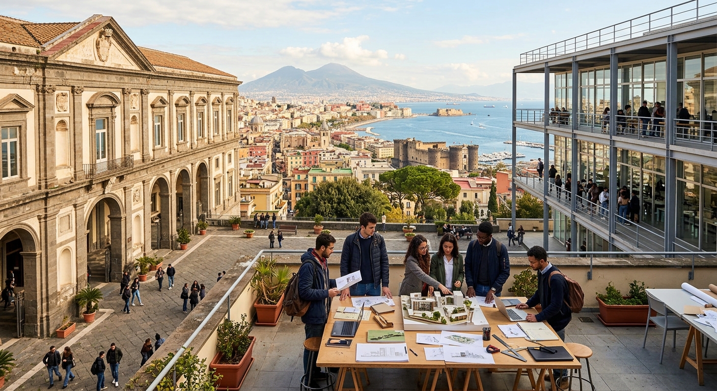 Historic architecture of the University of Naples Federico II campus blending with modern design studios, students collaborating on built environment projects with Naples cityscape in the background, Mediterranean light