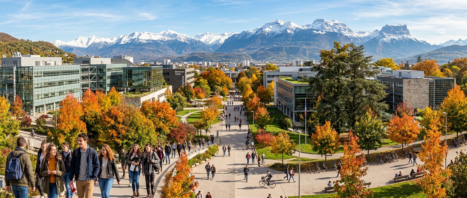 Panoramic view of Université Grenoble Alpes campus with modern faculty buildings surrounded by the French Alps, students walking along tree-lined pathways, bright autumn day with snow-capped mountains in the background