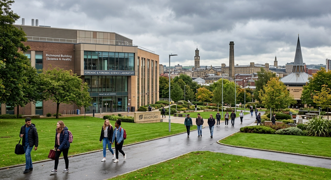 University of Bradford campus with modern science building, forensic laboratory exterior, green lawns and pathways, students walking with backpacks, Bradford cityscape in background, overcast British sky