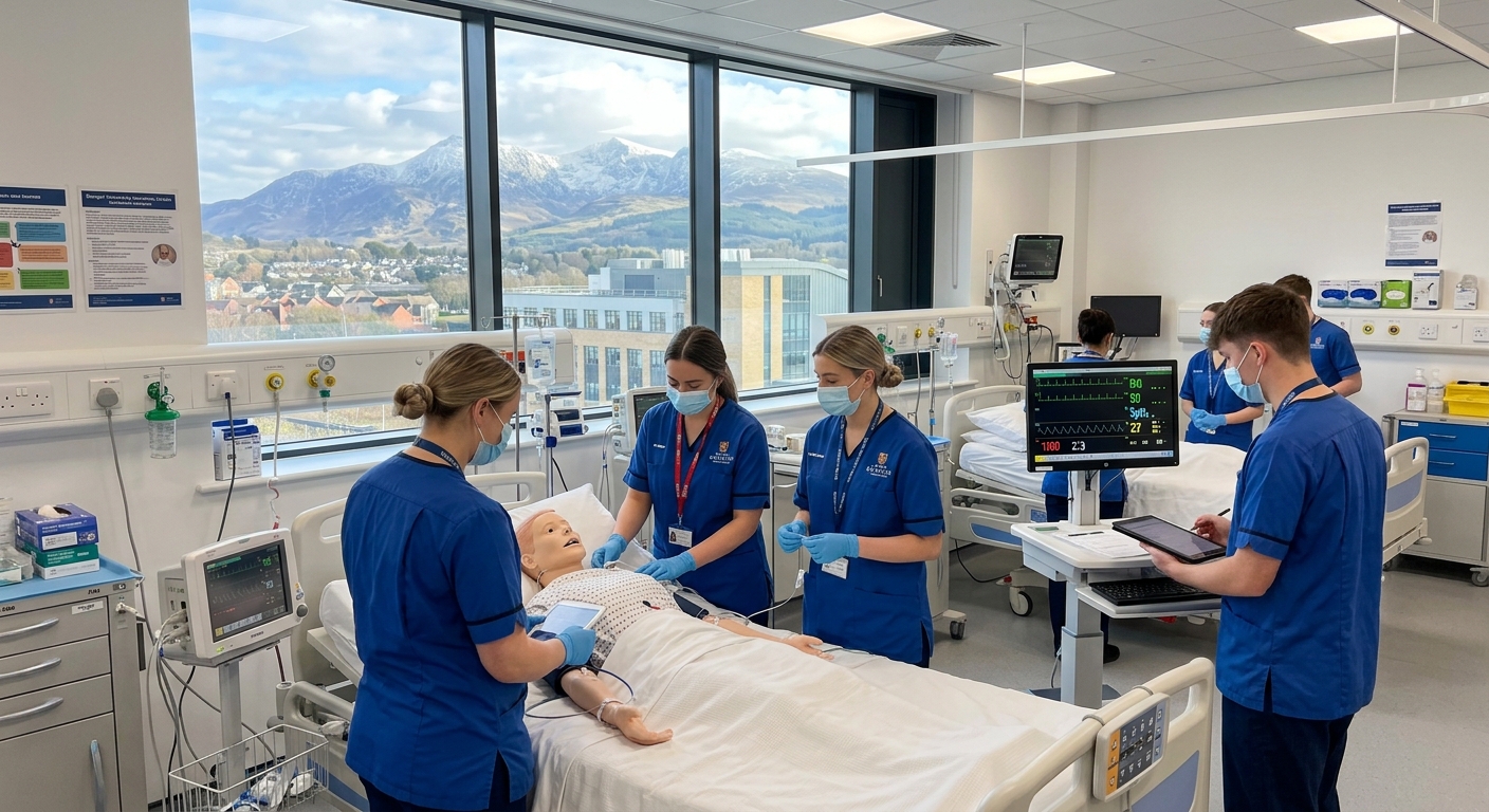 Bangor University campus with the mountains of Snowdonia in the background, nursing students in clinical simulation lab practicing with high-fidelity mannequins, bright modern healthcare training facility