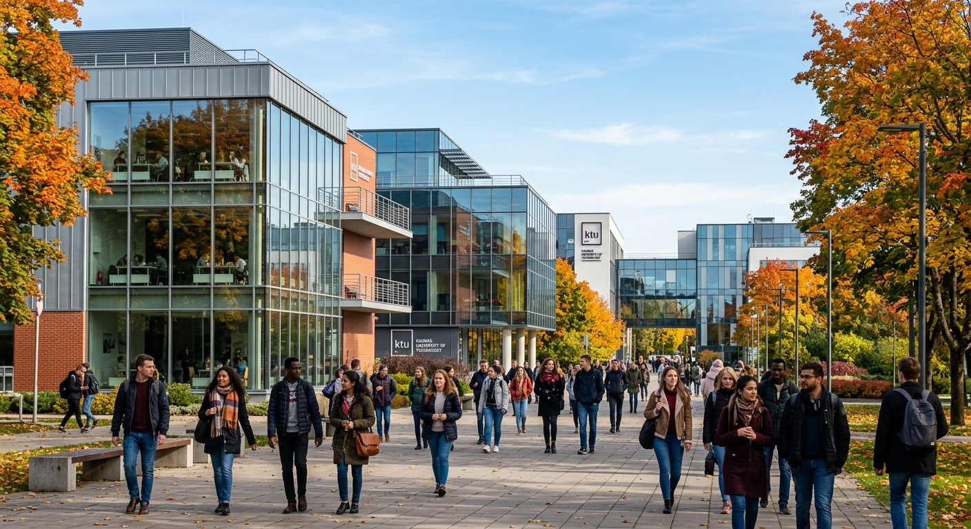 Modern university campus of Kaunas University of Technology in Lithuania, featuring contemporary academic buildings with glass facades, tree-lined walkways, and international students walking between classes on a bright autumn day
