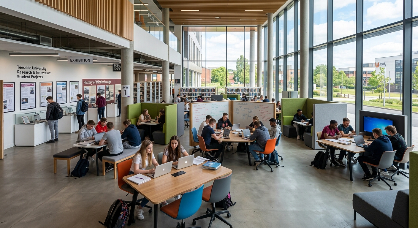 Teesside University library interior, open-plan collaborative study spaces with modern furniture, students studying, large windows with natural light, exhibition area