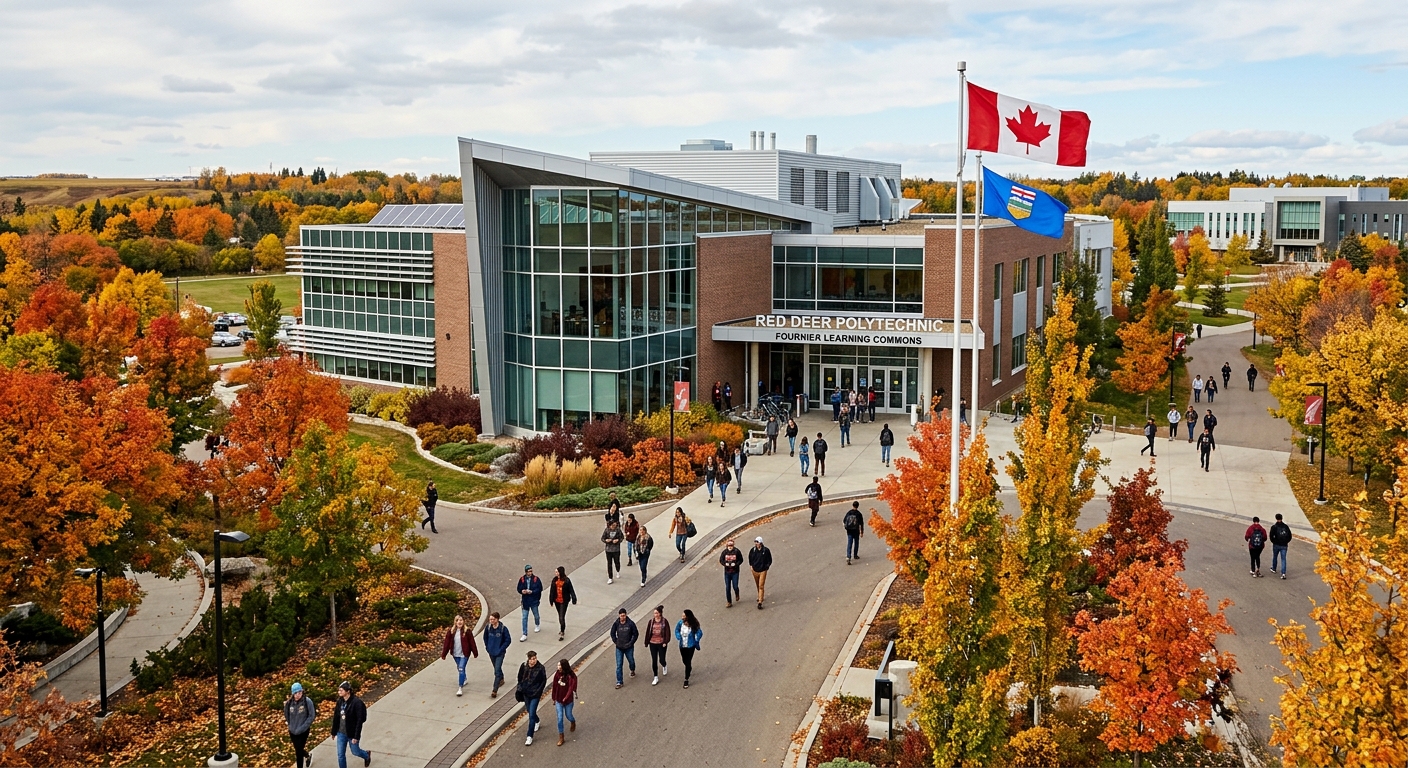 Modern polytechnic campus building in Red Deer Alberta Canada, students walking along tree-lined pathways, contemporary architecture with glass facades, Canadian flag visible, autumn foliage in background