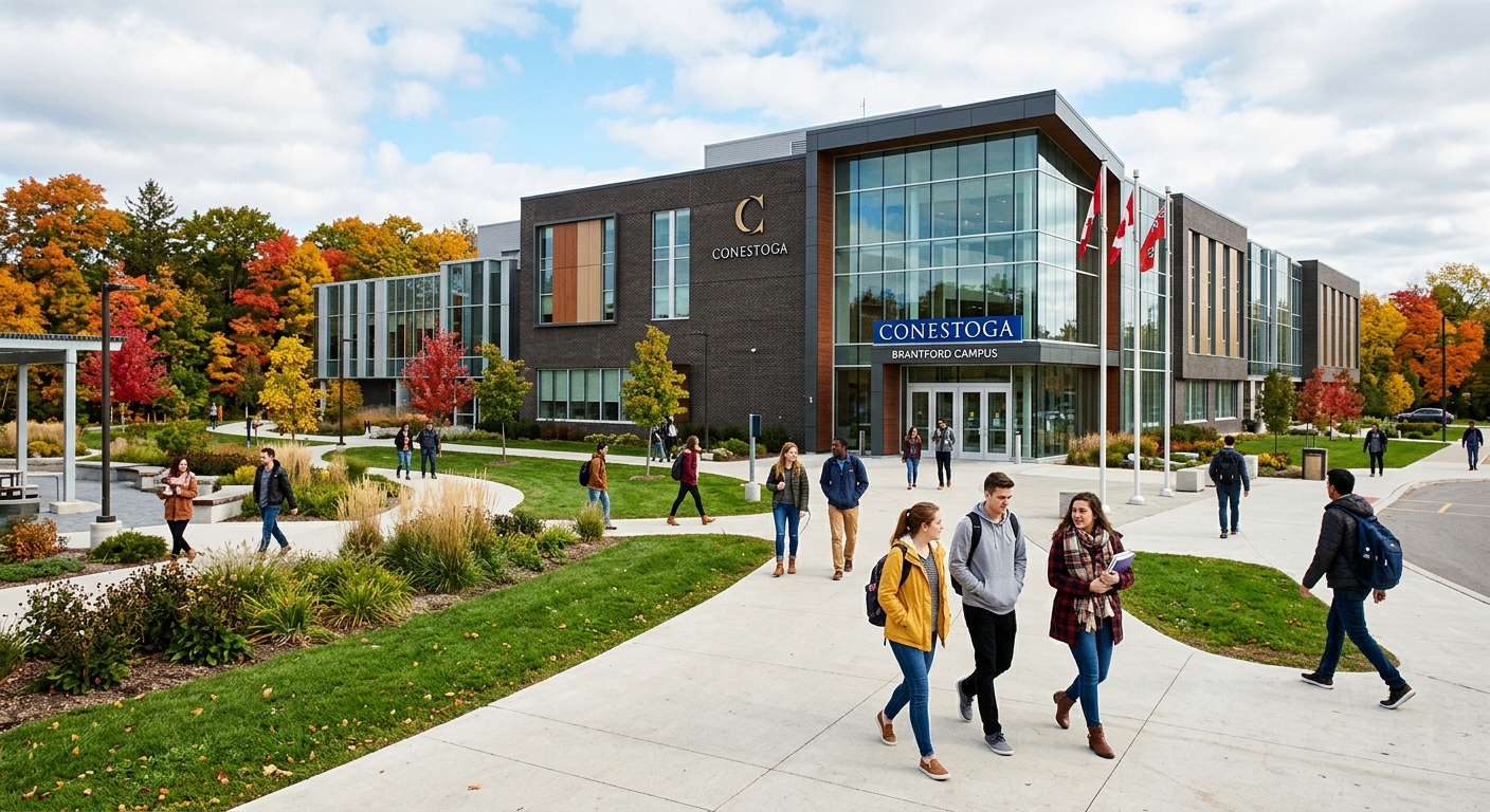 Conestoga College Brantford campus building exterior with students walking on pathways, modern educational architecture, Canadian college setting with green landscaping and autumn trees