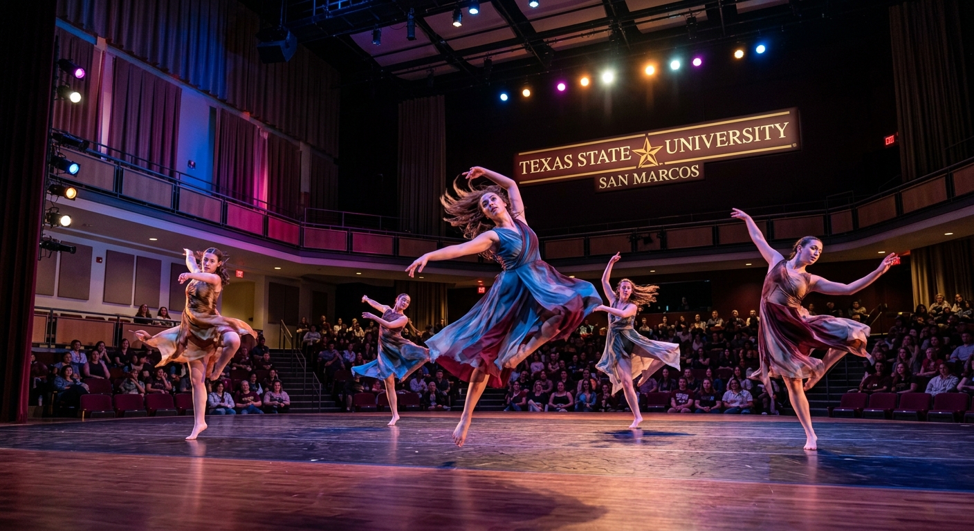 Dancers performing on stage in a modern theater at Texas State University, dynamic lighting, contemporary choreography with flowing costumes, San Marcos Texas campus setting