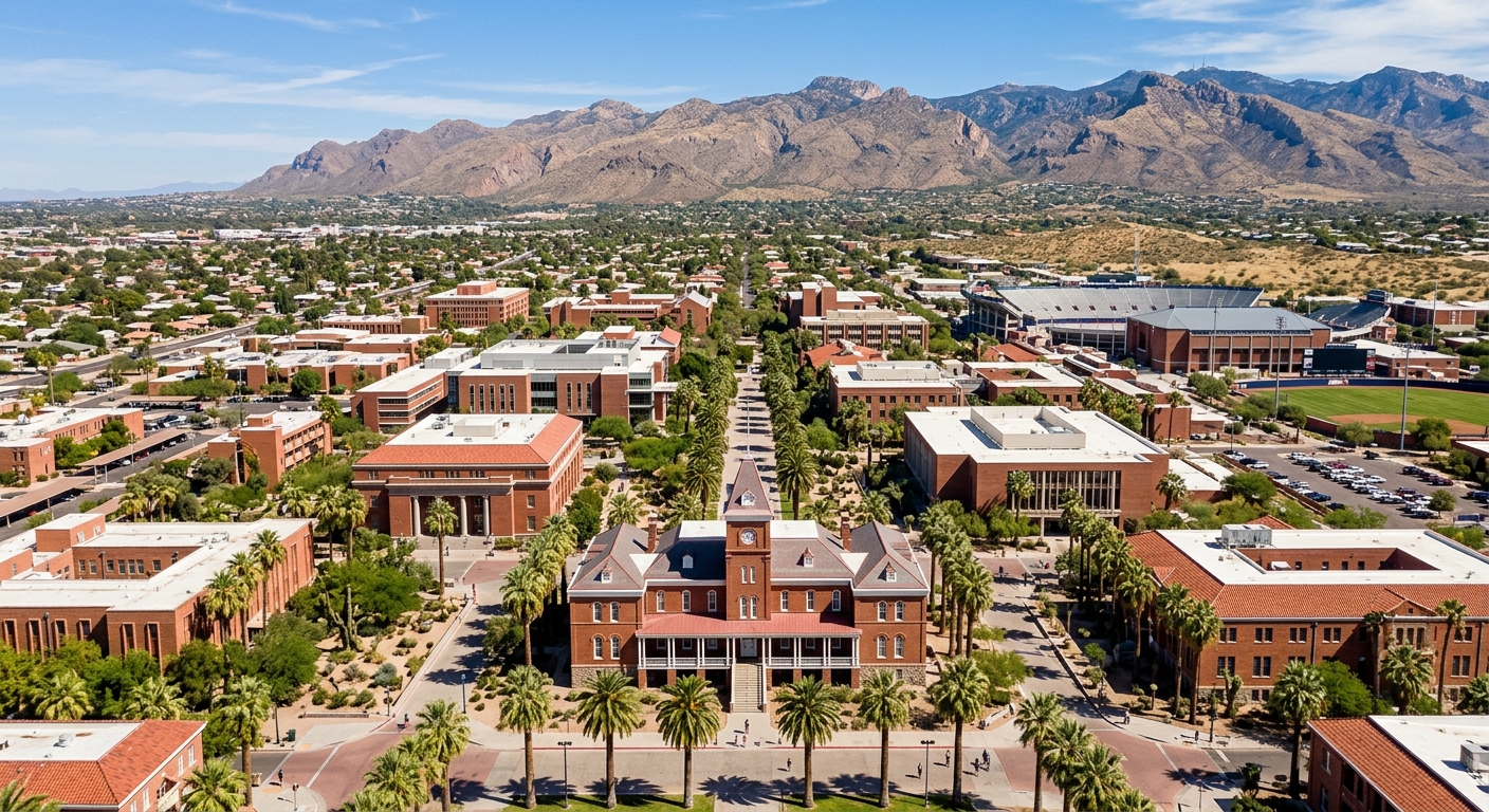 Aerial view of University of Arizona campus in Tucson showing Old Main building, palm trees, red brick architecture, desert landscape with Catalina Mountains in the background under clear blue sky