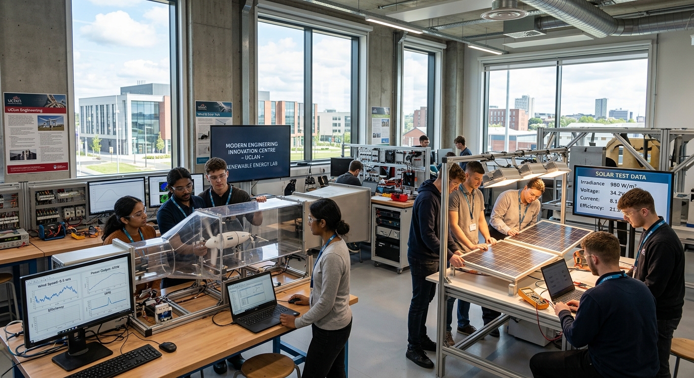 Modern Engineering Innovation Centre at University of Lancashire, students working with wind turbine models and solar panel testing equipment in a bright laboratory, industrial engineering campus in Preston, United Kingdom