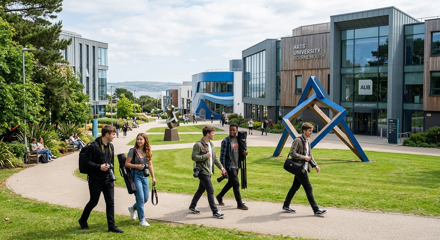 Arts University Bournemouth campus with modern creative buildings, photography students carrying camera equipment walking through green grounds, Dorset coastal light, contemporary art installations visible
