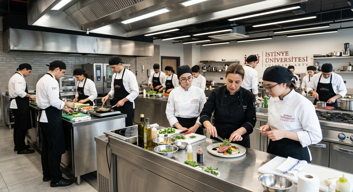 Modern professional kitchen laboratory at Istinye University Istanbul, culinary arts students in white chef uniforms preparing dishes at stainless steel stations, bright overhead lighting, fresh ingredients on countertops, instructor demonstrating plating technique