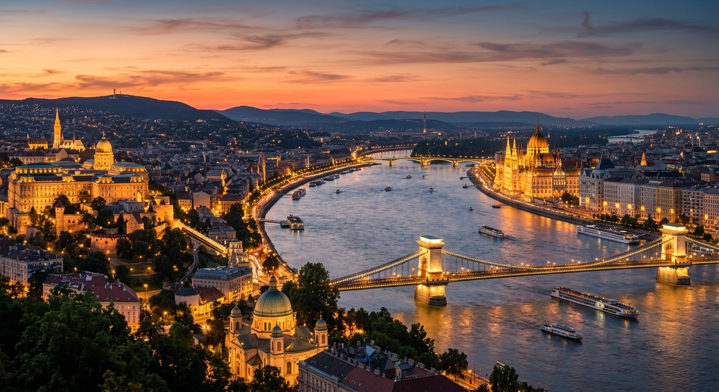 Budapest panoramic cityscape at sunset, Hungarian Parliament Building illuminated along the Danube River, Chain Bridge connecting Buda and Pest sides, thermal bath domes visible, golden warm light
