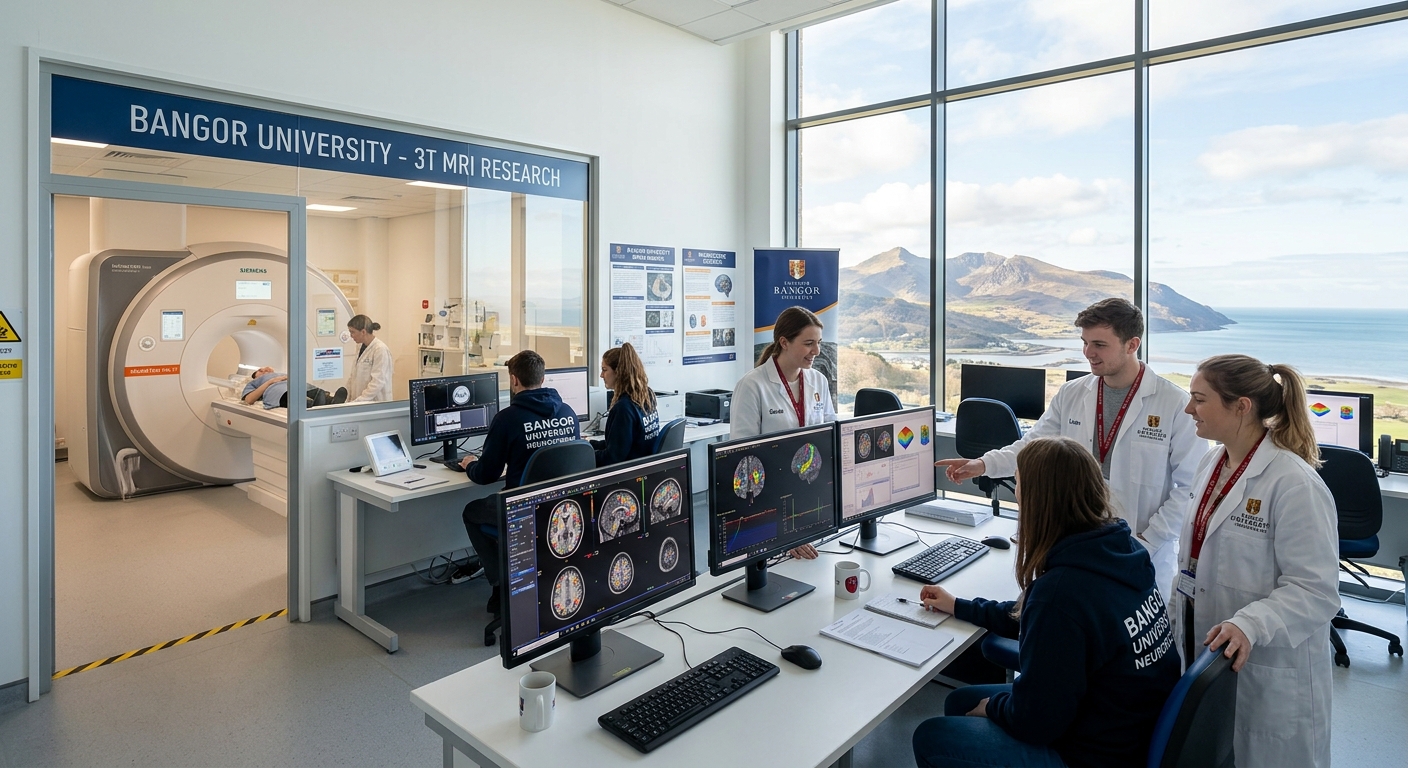 Modern MRI brain imaging laboratory at Bangor University with a 3T MRI scanner, research students analyzing neuroimaging data on computer screens, surrounded by mountains and sea views of North Wales through large windows
