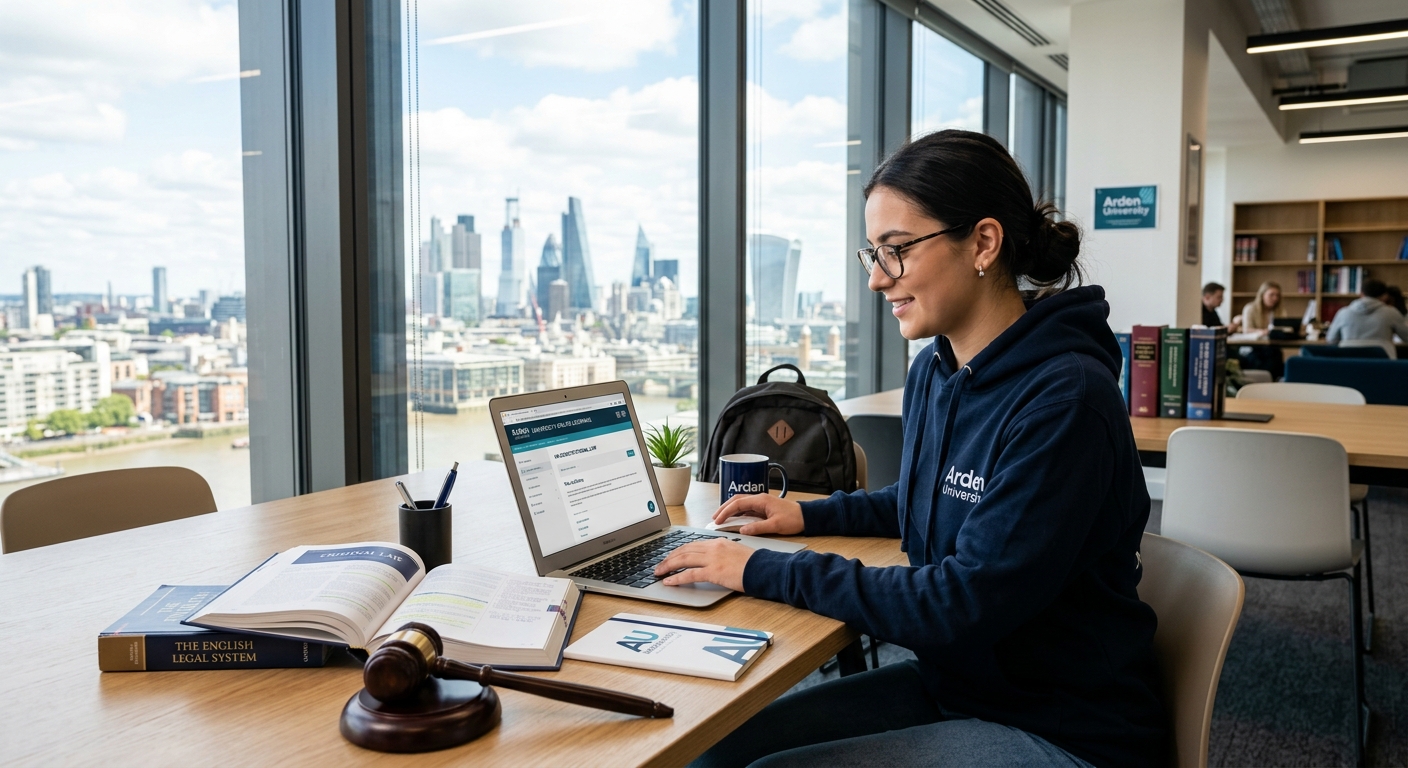 Modern online learning environment with a student studying law on a laptop, legal textbooks and gavel on a desk, Arden University branding visible, bright and professional setting with UK cityscape in background