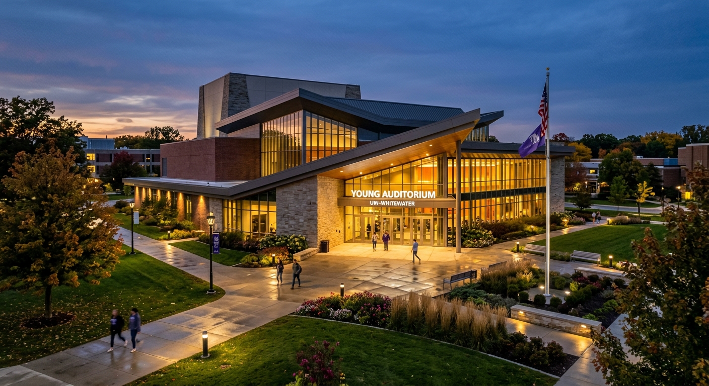 Young Auditorium at UW-Whitewater, large performing arts venue with modern architecture, evening lighting, surrounded by landscaped grounds
