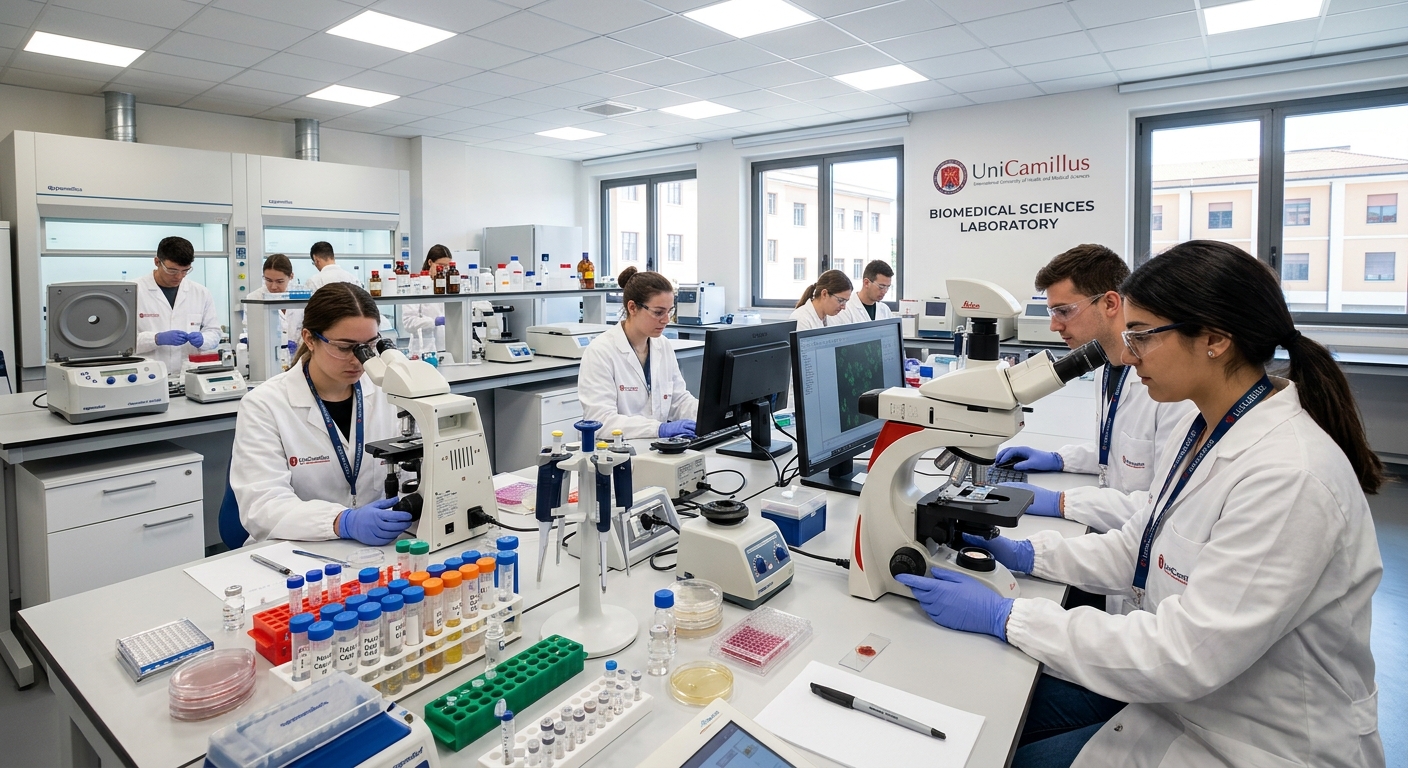 Modern biomedical laboratory at UniCamillus Rome campus with students in white lab coats working at microscopy stations, test tubes and analytical equipment on benches, bright overhead lighting and clean clinical environment
