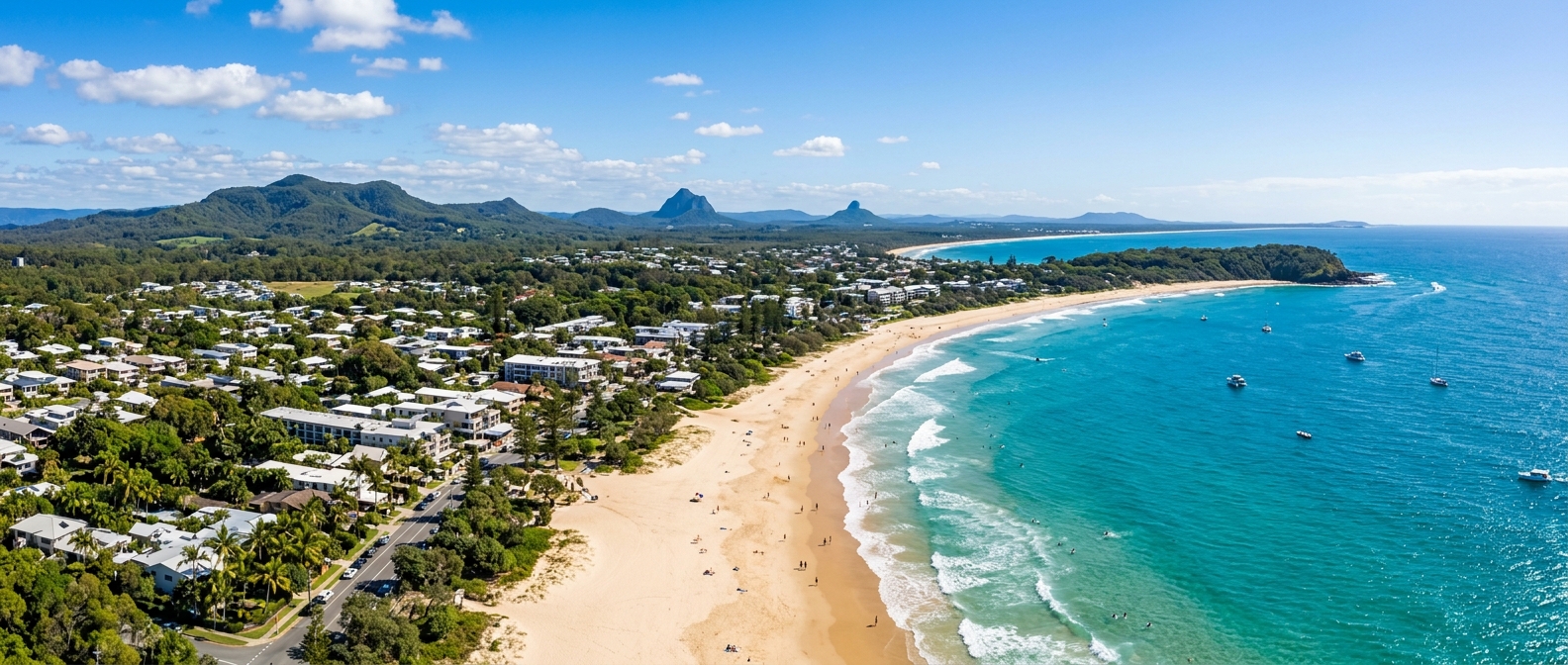 Panoramic view of the Sunshine Coast Queensland Australia, golden sandy beaches, turquoise ocean, lush green hinterland mountains, coastal town with subtropical vegetation