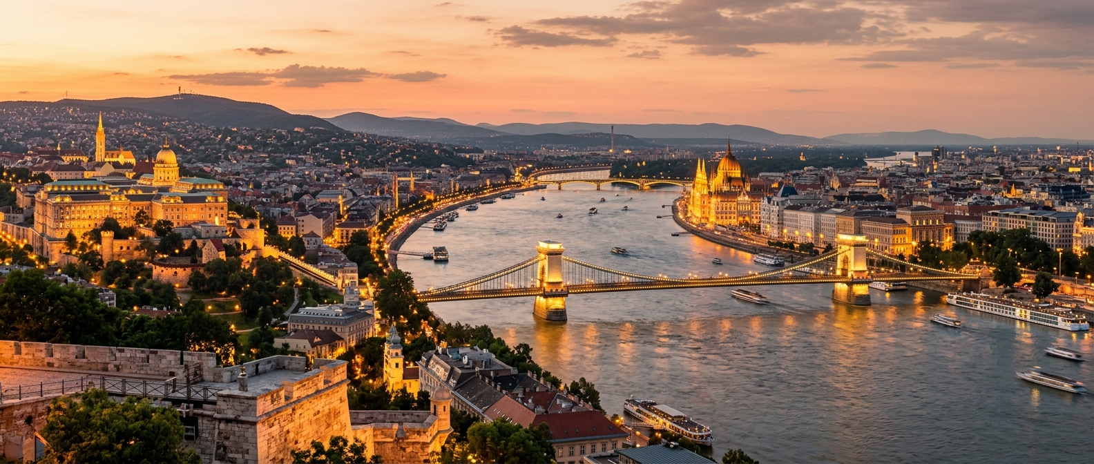 Panoramic view of Budapest cityscape at golden hour, Danube River flowing between Buda and Pest sides, Chain Bridge illuminated, Hungarian Parliament Building, Buda Castle on the hill, warm evening light