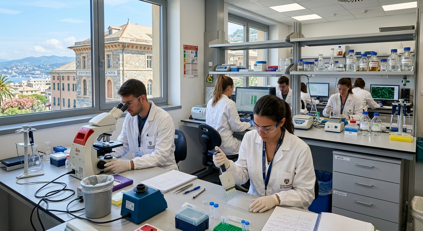 Modern biotechnology laboratory at the University of Genoa with students in white lab coats using microscopes and pipettes, bright fluorescent lighting, research equipment and glass flasks visible on benches, Mediterranean-style university building visible through large windows