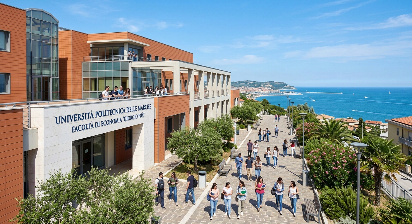 Modern university campus in Ancona Italy with Mediterranean architecture, students walking near the Faculty of Economics building, Adriatic Sea visible in the background, sunny day with clear blue sky