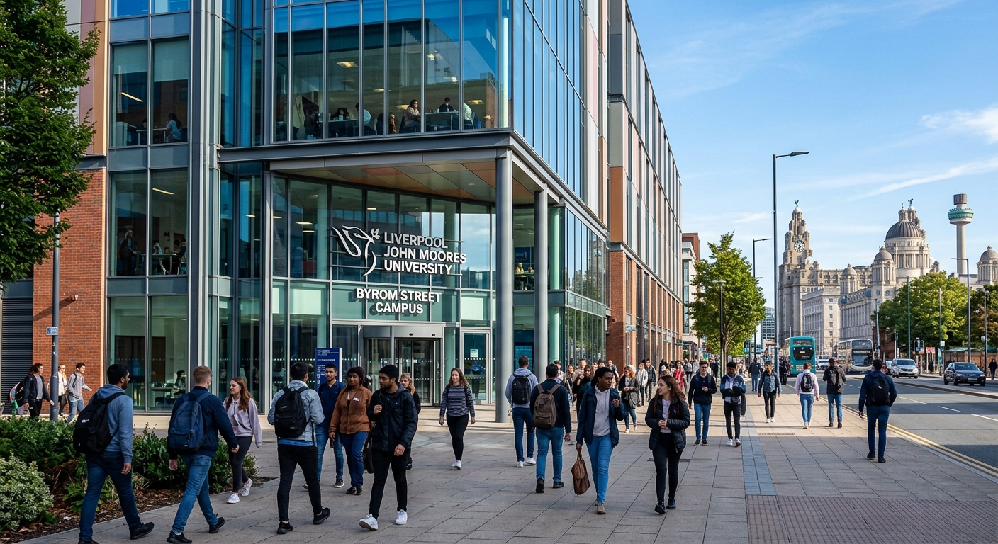 Modern university campus building at Liverpool John Moores University with students walking along Byrom Street, Liverpool cityscape in background, contemporary architecture with glass facades, sunny day