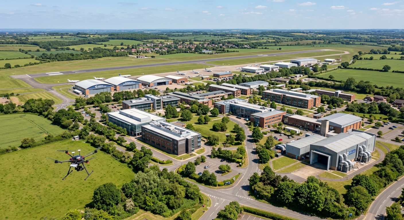Cranfield University campus aerial view with aerospace research facilities, runway visible in background, modern engineering buildings surrounded by green Bedfordshire countryside, clear sky with drone flying overhead