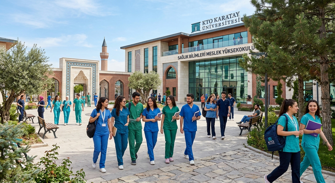 Modern health sciences vocational school building at KTO Karatay University in Konya Turkey, students in medical scrubs walking through campus courtyard with Seljuk-inspired architecture in background, bright sunny day