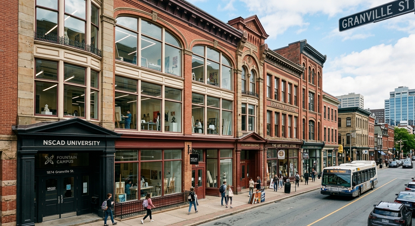 NSCAD Fountain Campus, interconnected row of Victorian heritage buildings on Granville Street in downtown Halifax, large studio windows, historic brick facades with modern interior renovations