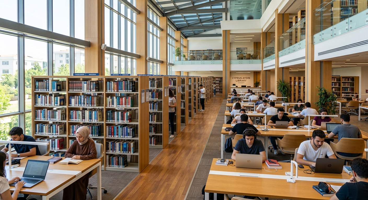 Cyprus Aydin University library interior with rows of bookshelves, modern study desks, students reading, bright natural lighting