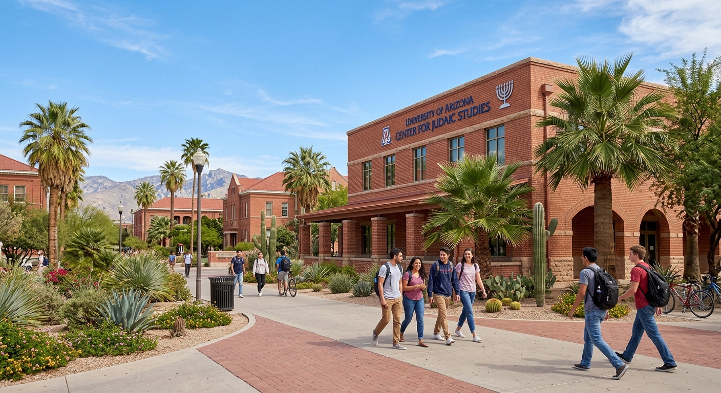 University of Arizona campus in Tucson with red brick buildings, palm trees, desert landscape, blue sky, and students walking along pathways near the Arizona Center for Judaic Studies