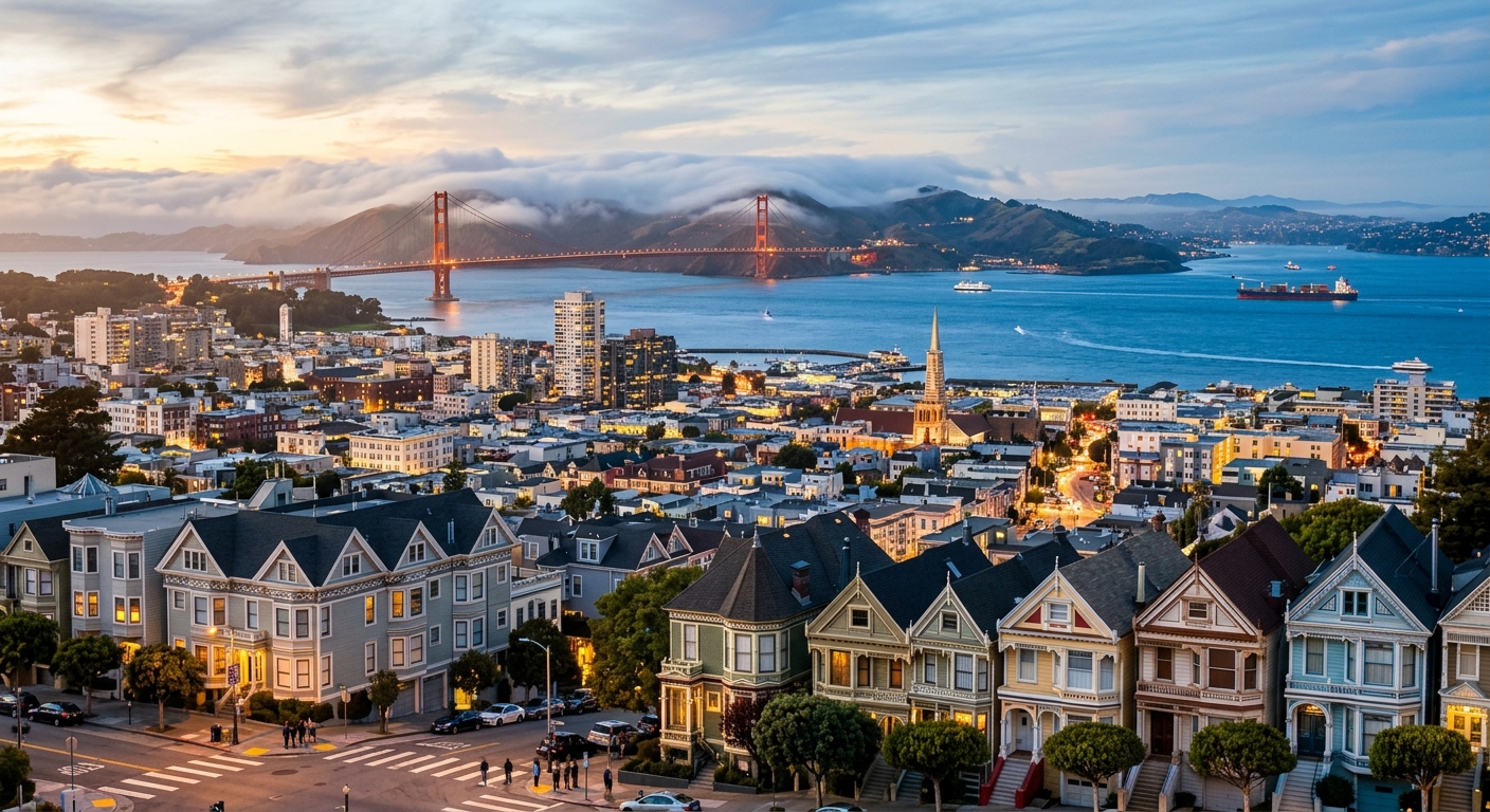 San Francisco skyline with Golden Gate Bridge in the distance, Victorian houses in foreground, fog rolling over hills, blue bay waters, vibrant urban landscape