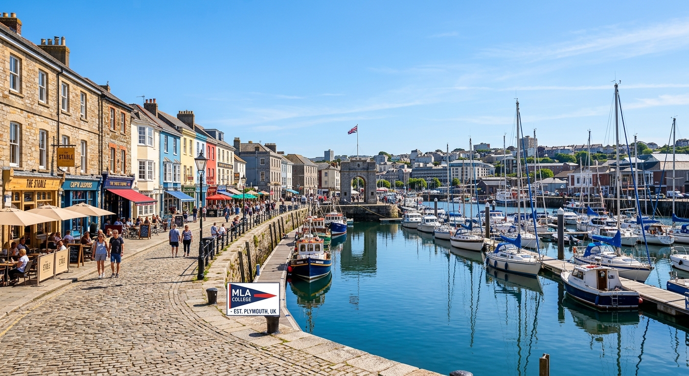 Plymouth waterfront with historic Barbican harbour, colourful buildings, and boats moored along the quayside on a clear day, representing MLA College's home city