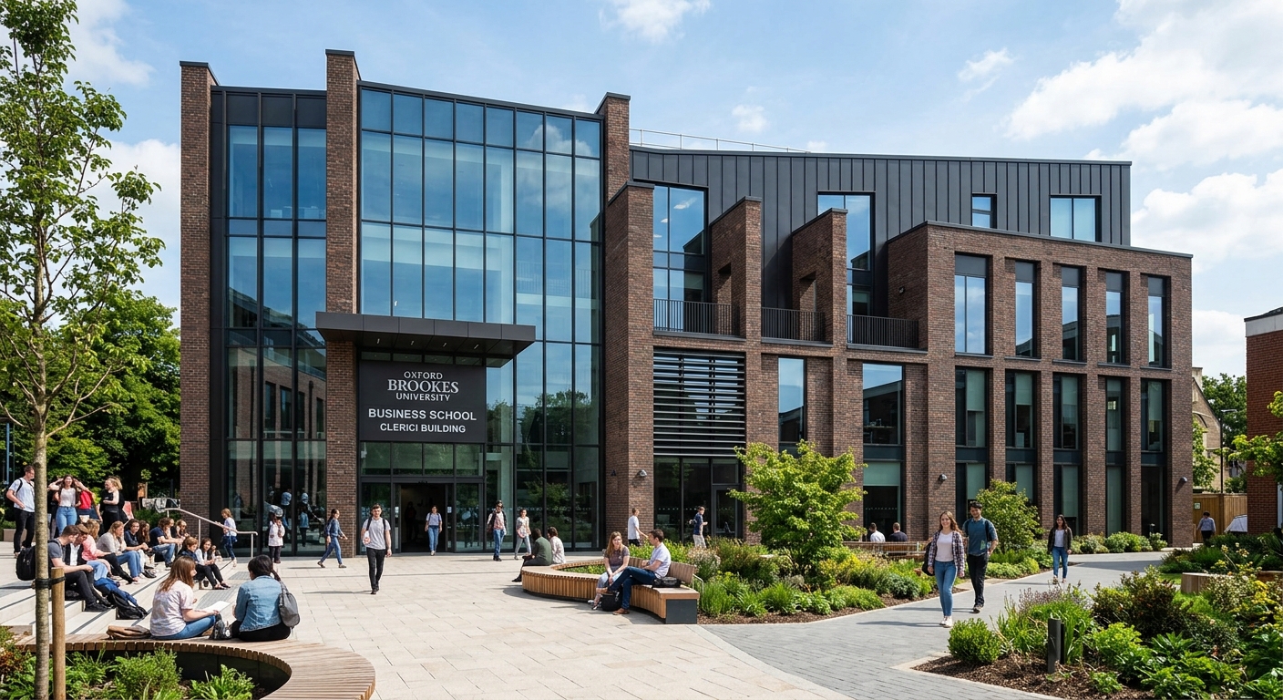 Clerici Building at Oxford Brookes, contemporary brick and glass design, Oxford Brookes Business School signage, landscaped courtyard with seating areas