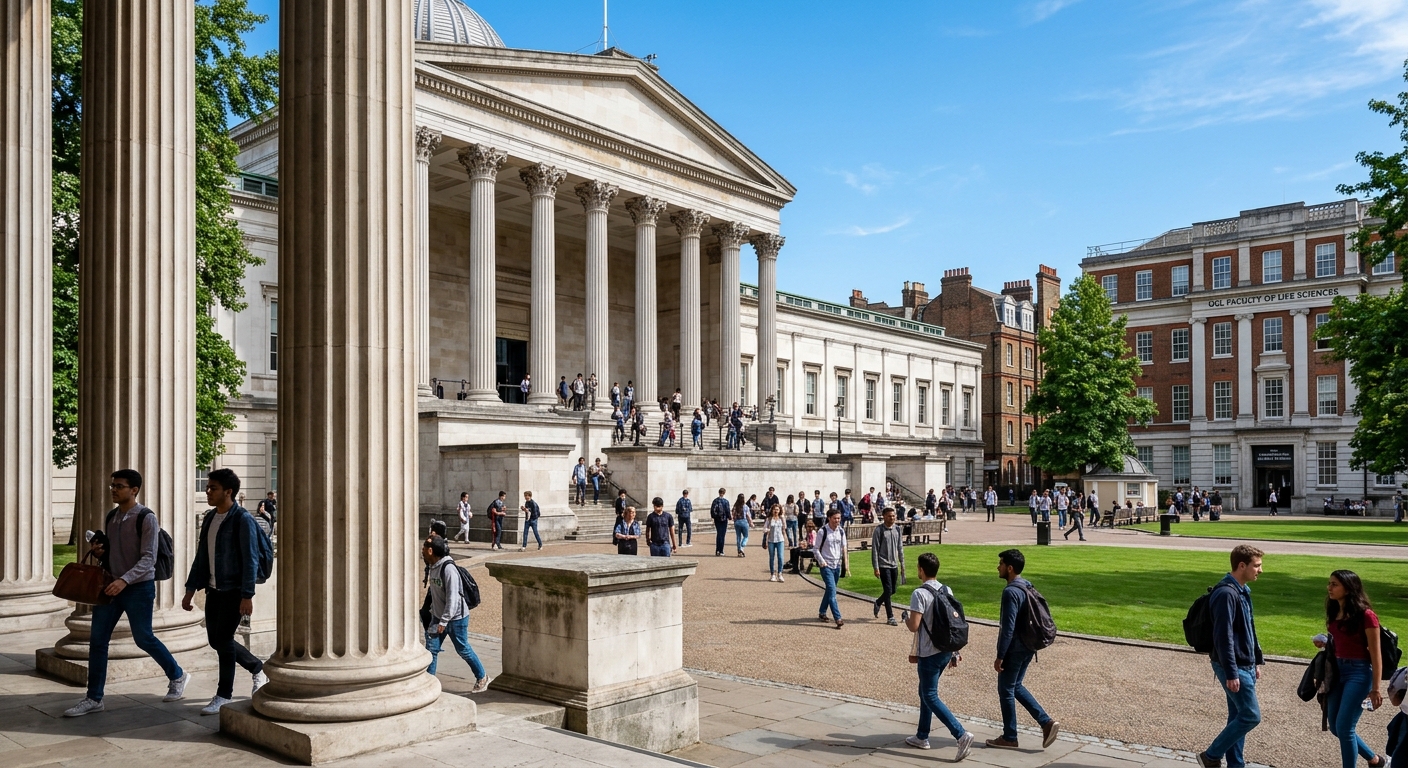 UCL Bloomsbury campus with neoclassical portico entrance and quad, students walking past historic columns, Faculty of Life Sciences building visible, clear London sky