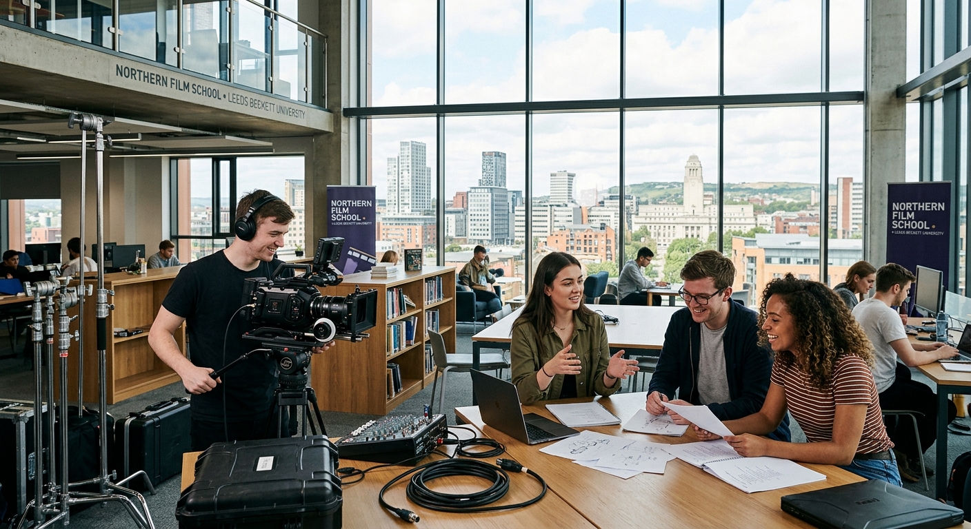 Northern Film School building at Leeds Beckett University, modern creative arts campus with film production equipment visible, students collaborating in a bright open workspace, Leeds city skyline in background