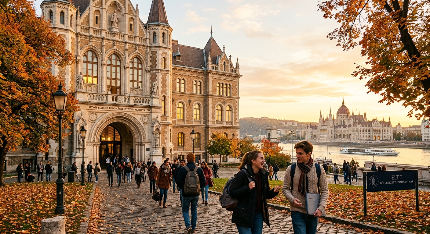 Historic European college building in Budapest with Danube River in background, international students walking through campus entrance, autumn trees lining the pathway, warm golden light