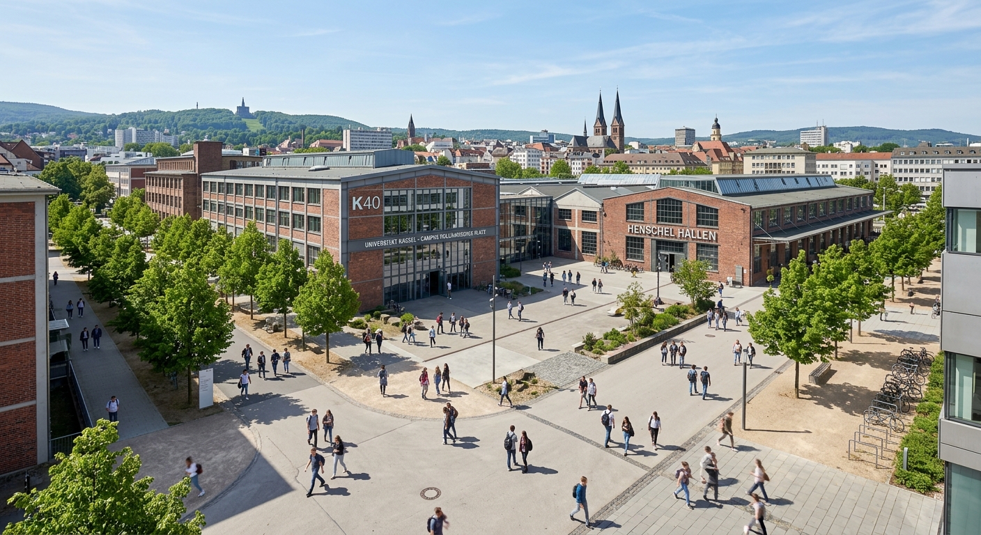 University of Kassel Holländischer Platz campus wide shot, modern industrial-style buildings converted from former Henschel factory, students walking across open plaza, green trees lining pathways, central German city skyline in background, clear daytime light