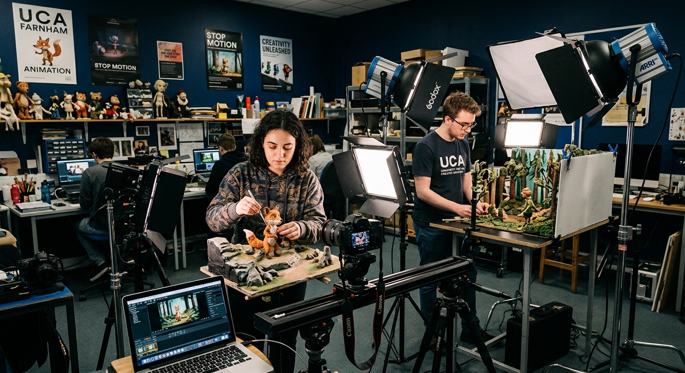 UCA Farnham campus animation studio with stop motion rigs, professional lighting equipment, and students working on animated film projects in a creative workshop environment
