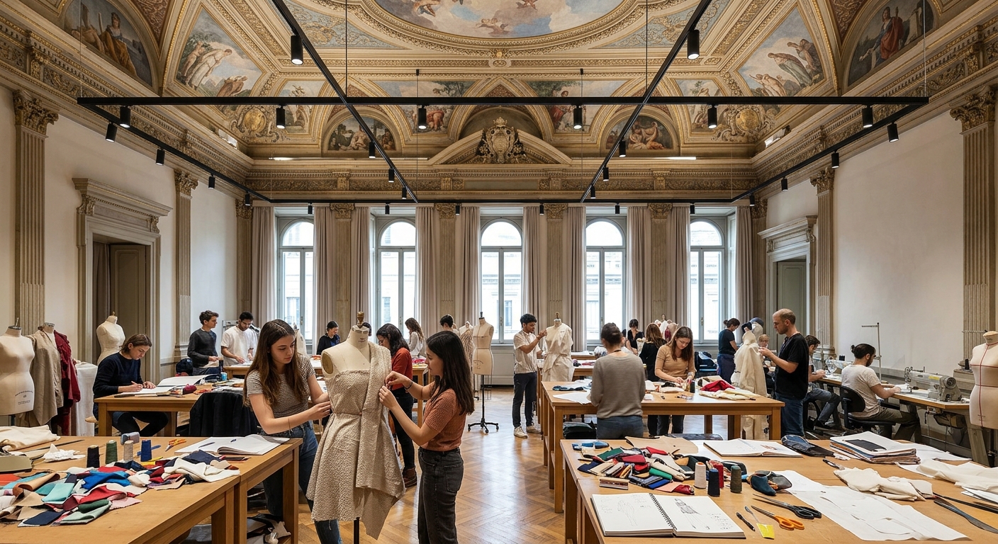 Palazzo Turati interior atelier space with fashion students working on mannequins, high ceilings with restored frescoes, modern lighting, fabric swatches and design tools on tables