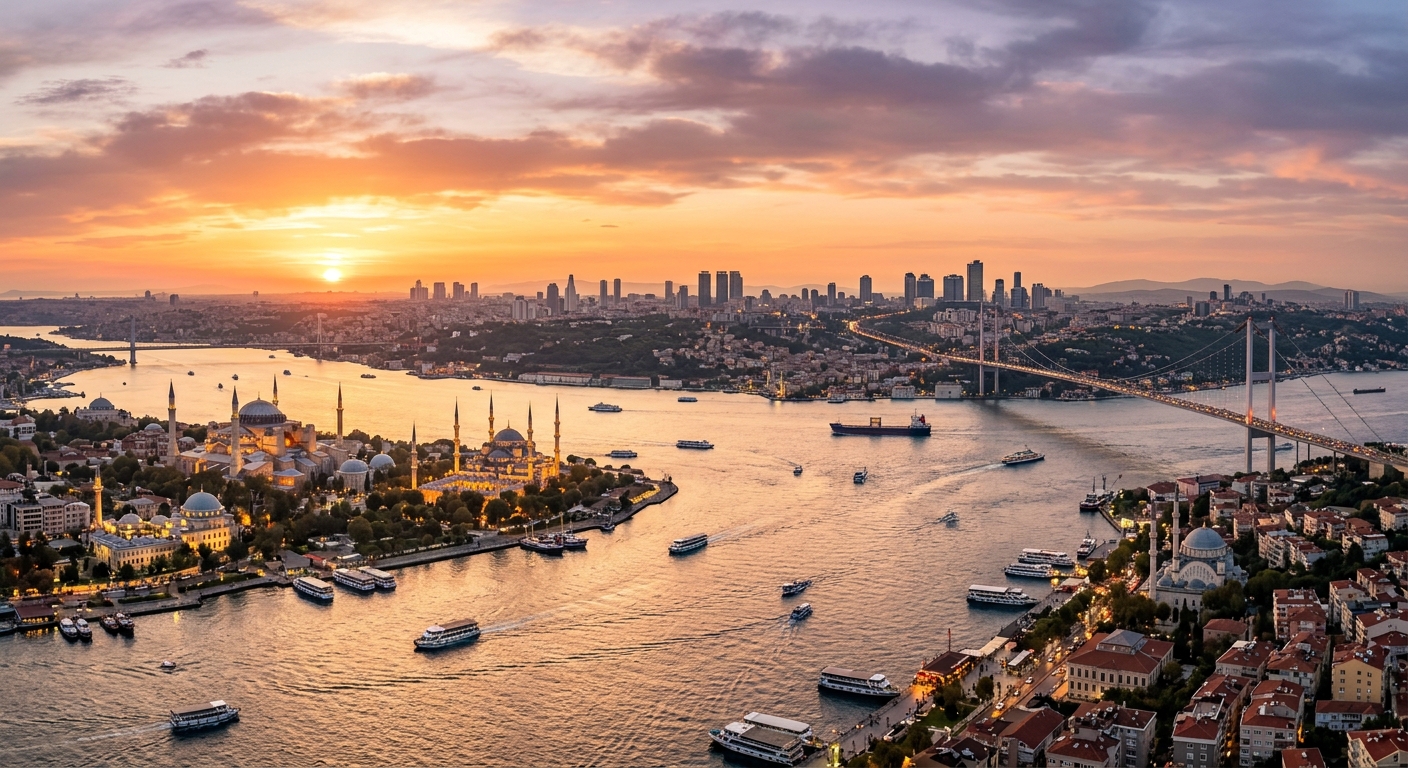 Istanbul panoramic cityscape at sunset, Bosphorus strait with boats, historic mosques and modern skyscrapers, golden light reflecting on water, Asian and European sides visible