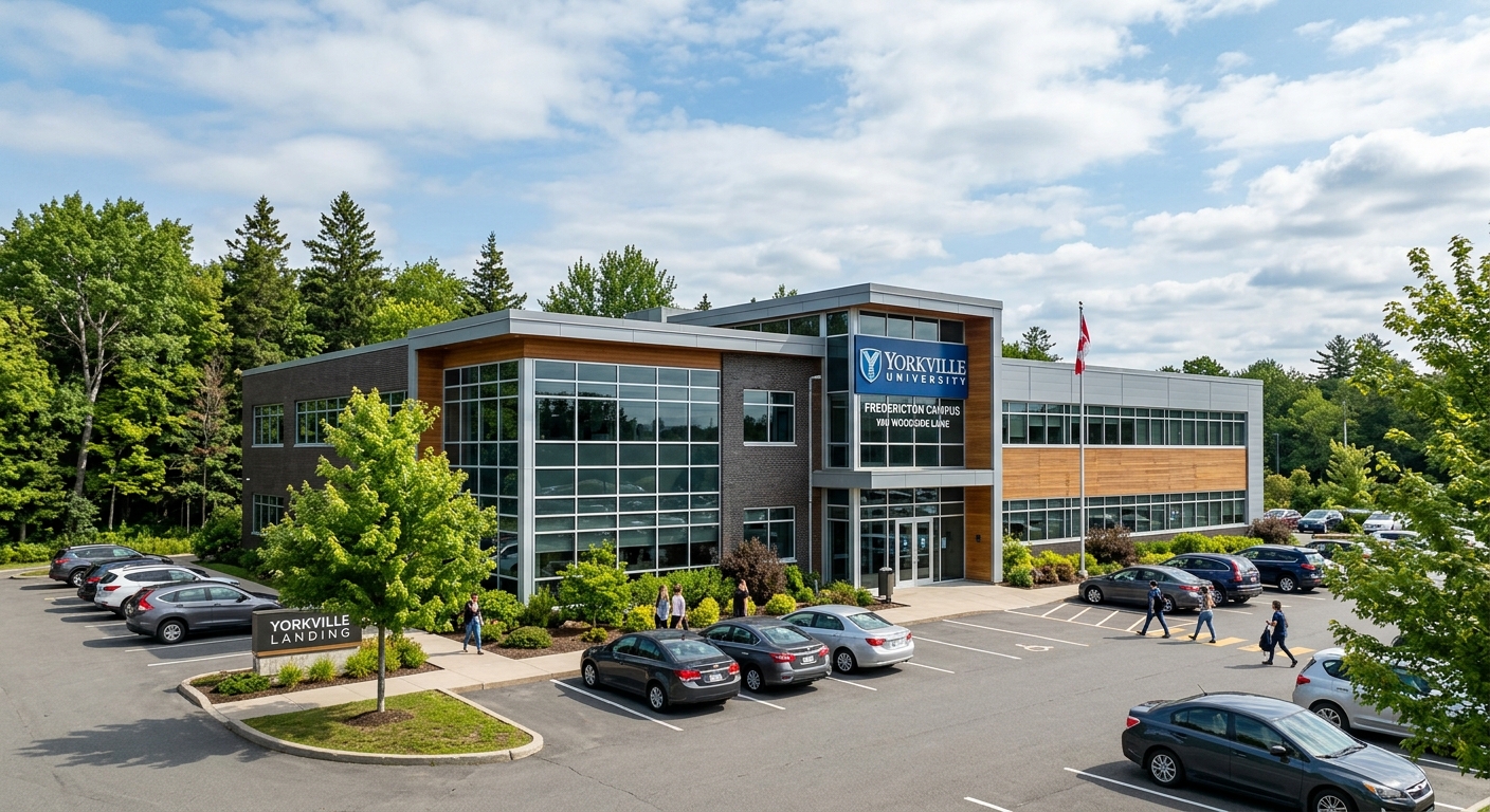 Yorkville University Fredericton campus building, modern two-story structure at Yorkville Landing, 100 Woodside Lane, surrounded by trees and parking area in New Brunswick