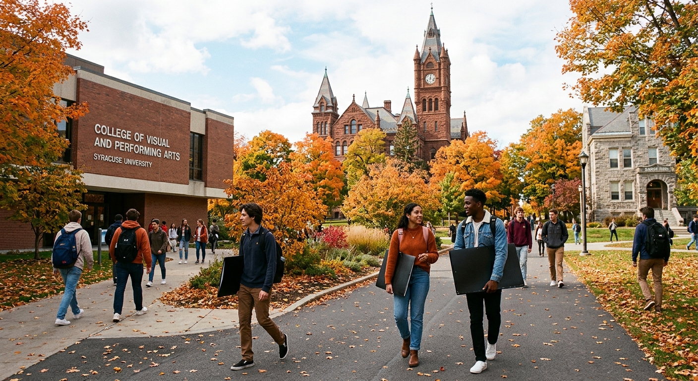 Syracuse University College of Visual and Performing Arts building with Crouse College in background, students carrying art portfolios walking across campus on a sunny autumn day with orange and gold foliage