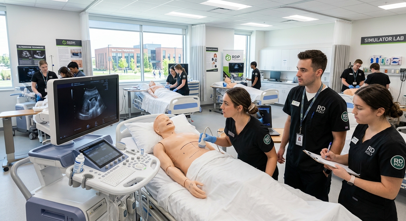 Modern healthcare simulation lab at Red Deer Polytechnic with students practicing ultrasound scanning techniques on training mannequins, medical imaging equipment visible, bright clinical lighting, Alberta Canada campus setting