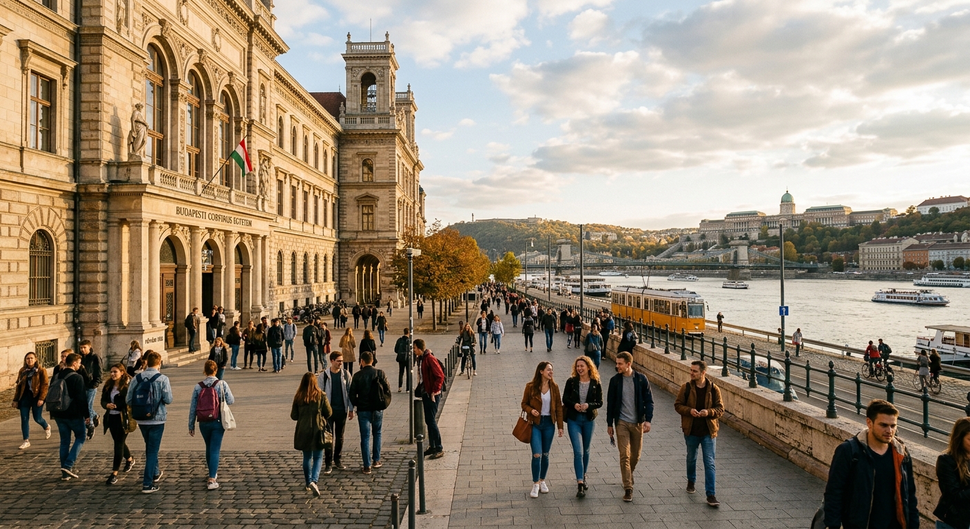 Corvinus University of Budapest historic neo-renaissance main building on the Danube riverbank, with students walking in front, Budapest cityscape in background, warm afternoon light