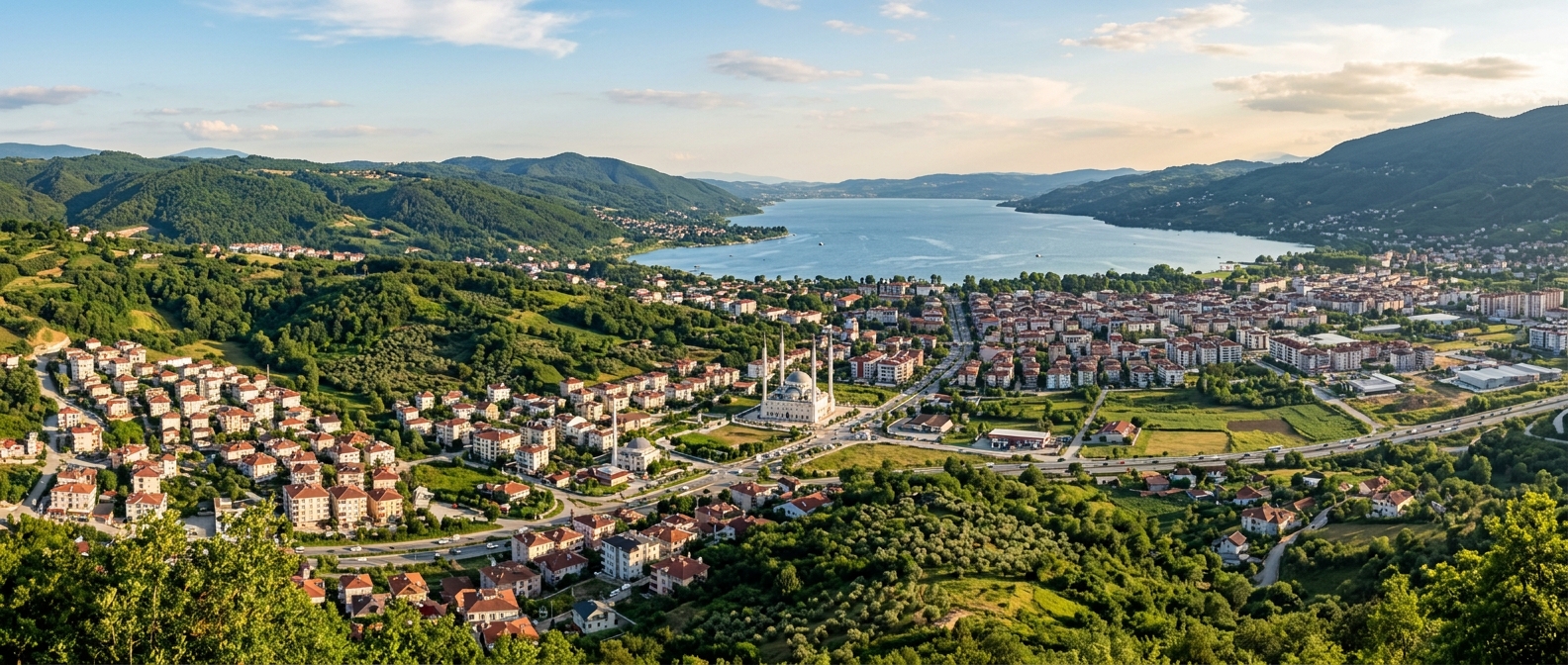 Panoramic view of Serdivan and Sakarya city in the Marmara region of Turkey, green hills, Sapanca Lake visible in the distance, residential areas mixed with natural landscape, warm daylight