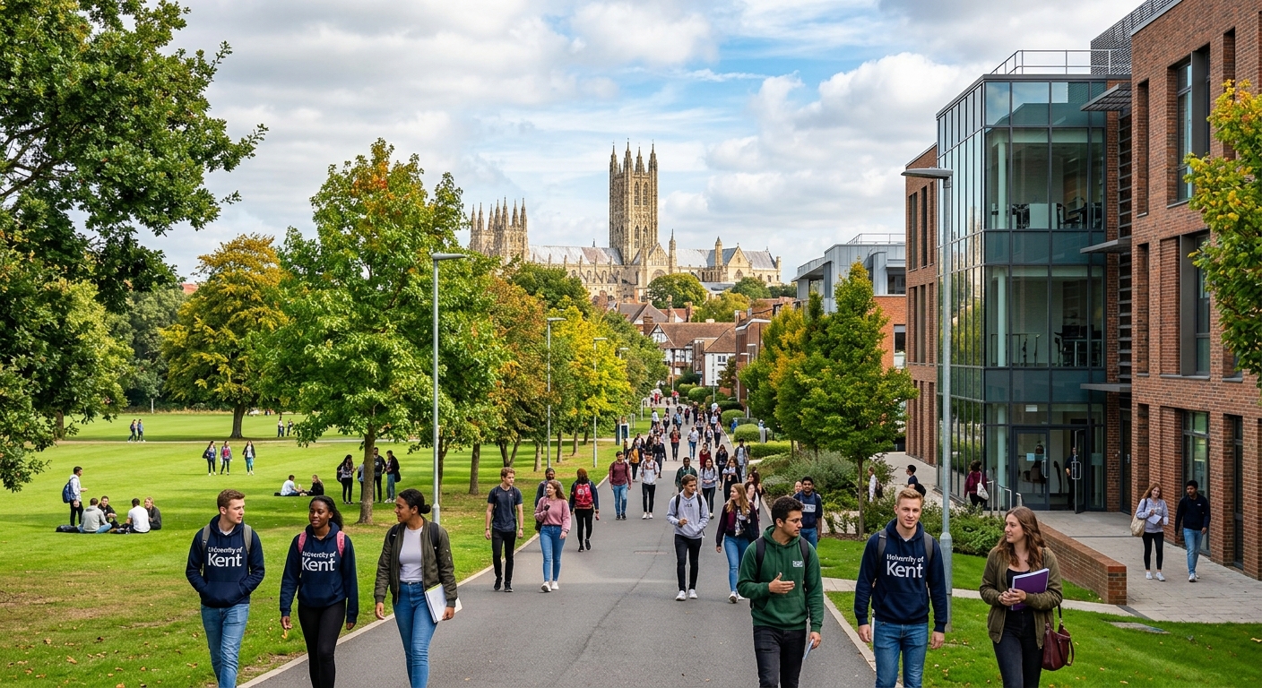 University of Kent Canterbury campus with green parkland, modern science laboratory buildings, and students walking along tree-lined pathways with Canterbury Cathedral visible in the background