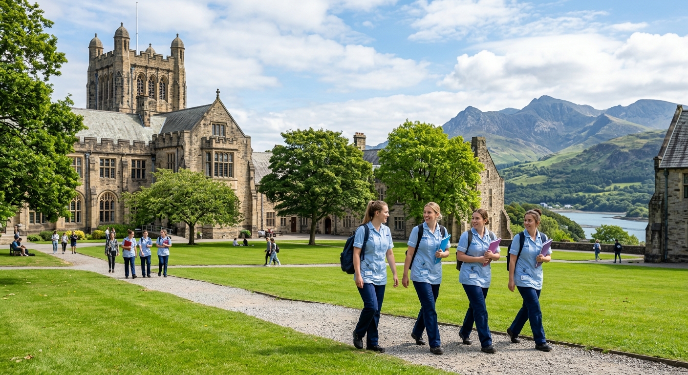 Bangor University campus with historic stone buildings nestled between Snowdonia mountains and the Menai Strait, nursing students in clinical uniforms walking across green quadrangle, bright natural daylight