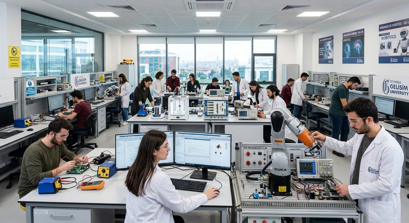 Istanbul Gelisim University high-tech laboratory with students working on engineering equipment, modern instruments, bright lighting
