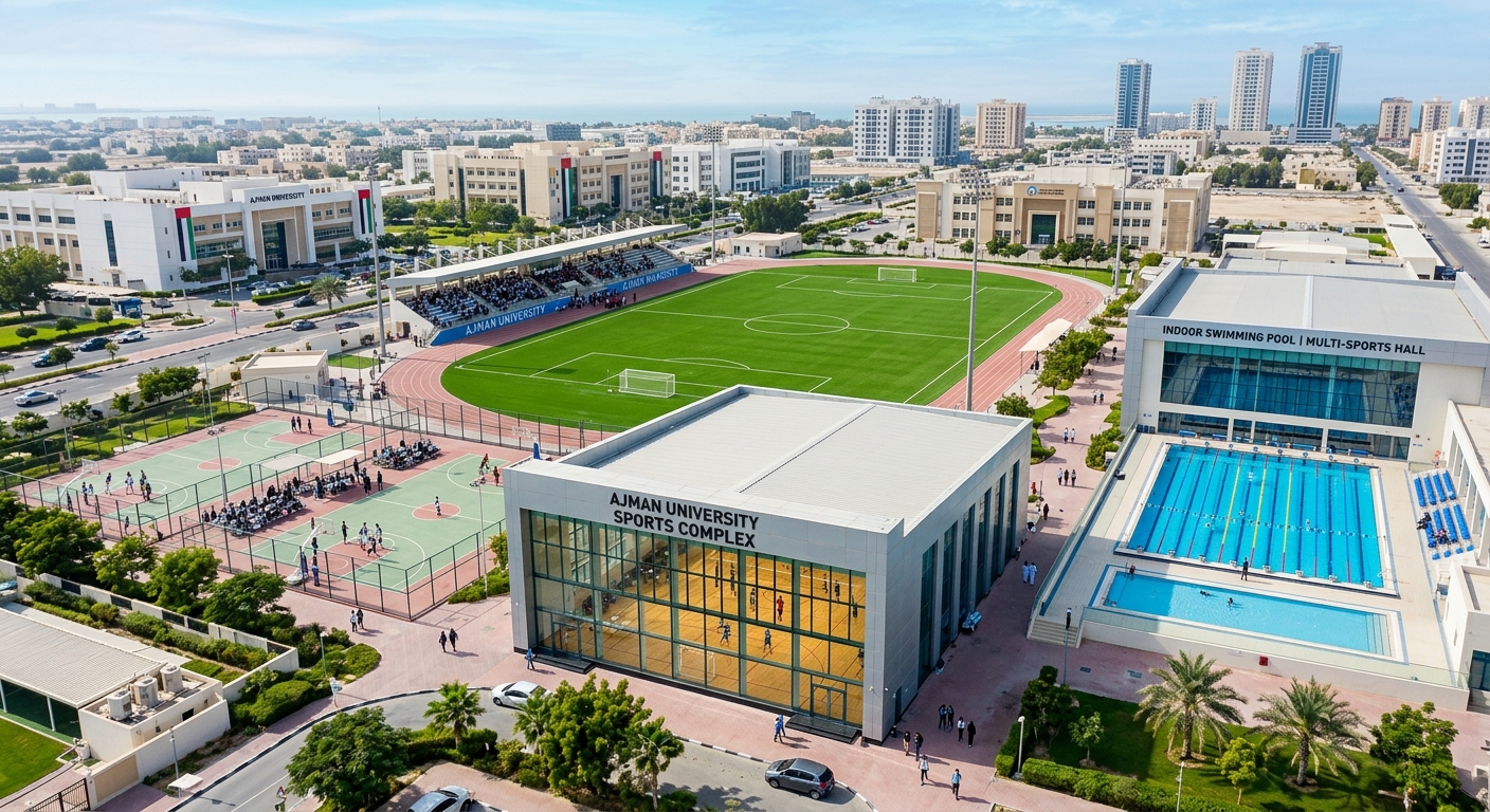 Ajman University sports complex showing indoor swimming pool, multi-sports hall, and outdoor football and basketball courts surrounded by modern facilities